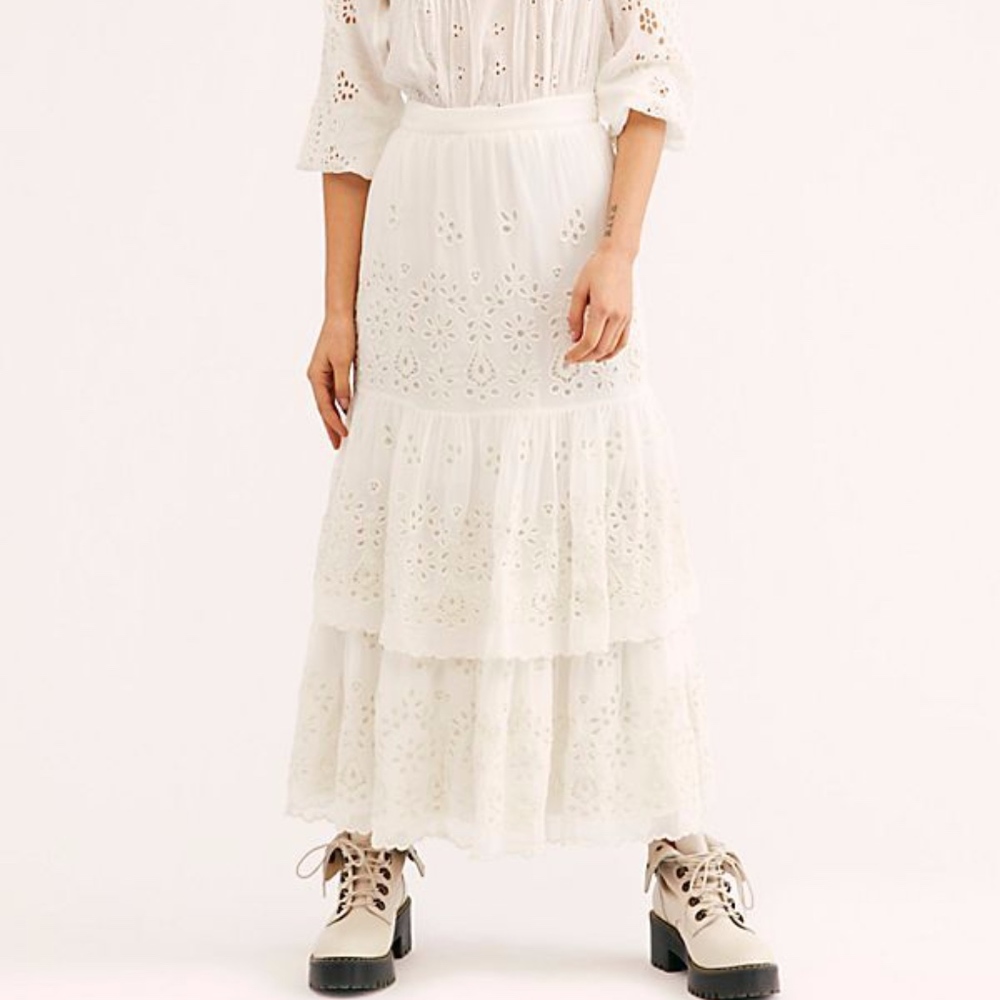 Free People Ivory Eyelet Tiered Maxi Skirt